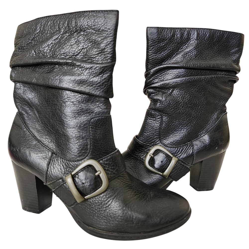 b.o.c. Concept Womens Black Leather Slouchy Buckle Block Heel Boots 8.5 winter